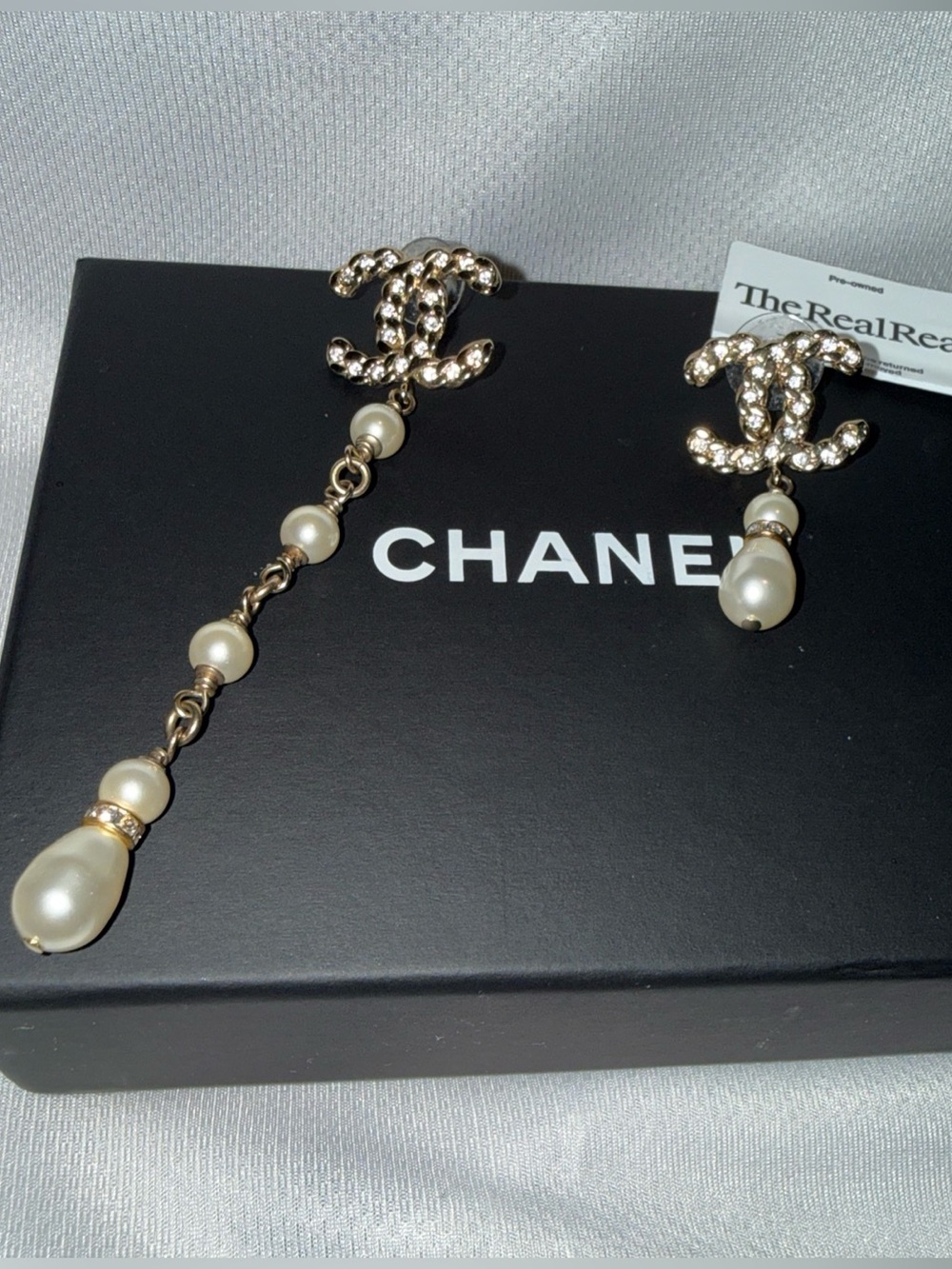 CHANEL Pearl Long Asymmetrical Gold Cut Out CC Logo Pierced Earrings